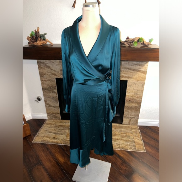 WHBM Long Sleeve Satin Ruffle Wrap Dress In Deep Mineral Green - Picture 3 of 6